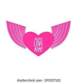 Army soldier of love. Funny military logo emblem. Pink heart with wings. Vector illustration.