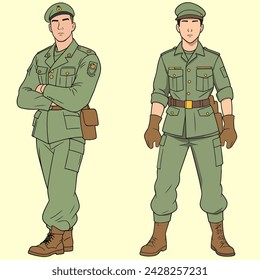 Army Soldier Male character vector illustration, wearing uniform, designed for posters, web, game, 2D animation, Motion Graphics Videos