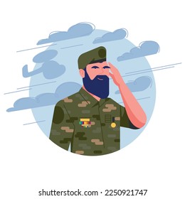 Soldado del ejército con un mínimo diseño de piso. Hombre militar, ejército de personal vestido con uniforme de camuflaje. Soldado sin arma. Ilustración vectorial de dibujos animados y avatar. Helicóptero en segundo plano