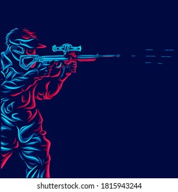 Soldado del ejército en la línea de combate de la guerra: retrato de arte pop logo de diseño colorido con fondo oscuro. Ilustración del vector abstracto.