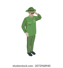 Army soldier people isometric composition with isolated character of soldier in hat rendering a salute vector illustration