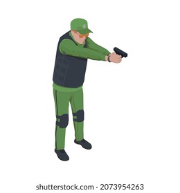 Composición isométrica de los soldados del ejército con carácter aislado de la pistola apuntando hacia el soldado con la armadura corporal como ilustración vectorial