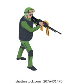 Composición isométrica de los soldados del ejército con el carácter de soldado equipado apuntando su ilustración del vector de la pistola
