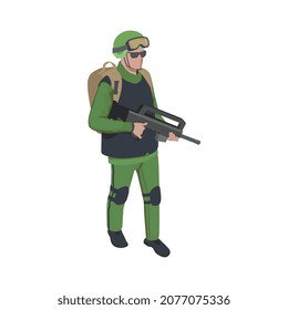 Army soldier people isometric composition with character of equipped soldier with gun vector illustration