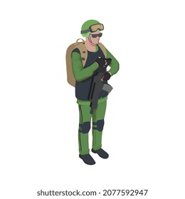 Army soldier people isometric composition with character of equipped soldier with backpack and gun vector illustration