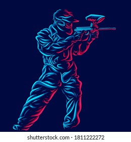 Army soldier play paintball line pop art potrait logo colorful design with dark background. Abstract vector illustration.