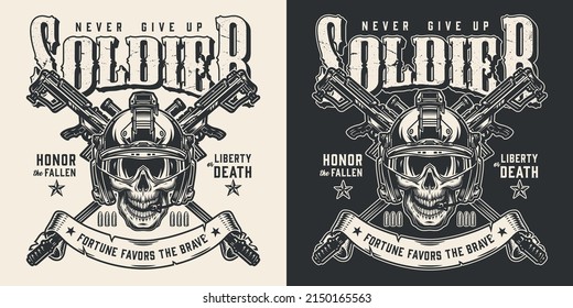 Army Soldier Poster Modern Monochrome Skull In Fast Helmet And Crossed Sniper Rifles Military Duty Never Give Up Vector Illustration