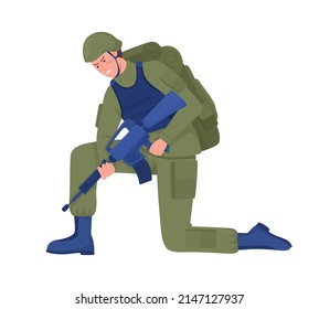 Soldado del ejército con rifle buscando trazas de color semiplano de carácter vector. Figura de arrodillamiento. Persona de cuerpo entero sobre blanco. Ilustración simple de estilo de dibujos animados para diseño gráfico web y animación