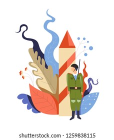 Army soldier and rocket abstract plants and trees isolated icon man in uniform patriotic profession and striped missile country servant and male work defense and safety national security vector.