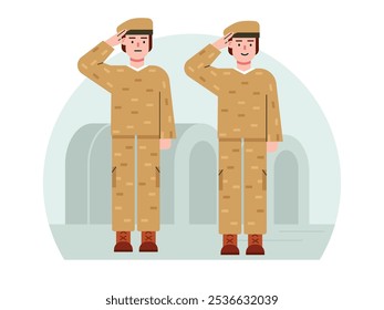 Soldado do exército fazendo continência com uniforme e boné, atividade nos quartéis toda manhã. Design de caracteres. Ilustração em plano vetorial