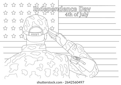 Army Soldier Saluting USA Flag Line Art for Independence Day, Black and white line art illustration of an Army soldier in camouflage cap and uniform saluting the American flag, with text