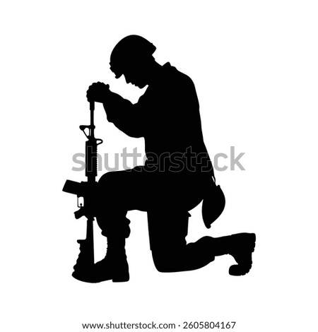 Army soldier in sorrow for fallen comrade, standing on knee, leaning on rifle with helmet and two dog tags on chain, studio shoot isolated on white low key silhouette. 