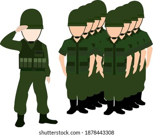 Army soldier standing respect warrior border, cute occupation illustration vector