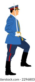 Soldado del ejército con espada en la ceremonia marsh parado. Ilustración vectorial del desfile militar aislada en blanco. Día del memorial de los veteranos, 4 de julio, Día de la Independencia. Oficial saludando con uniforme en el perfil.