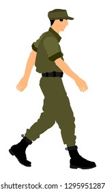 Army soldier walking vector illustration isolated on white background. (Memorial day, Veteran's day, 4th of july, Independence day).  Soldier saluting in uniform on defile. Soldier go home after duty.