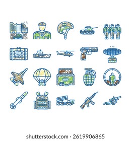 Army Soldier War Technics doodle icons set vector. Army Military Tank Machine Air Plane, Artillery Weapon Grenade, Ammunition Parachute Accessories sketch hand drawn