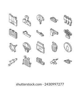 Army Soldier und War Technics isometrische Icons gesetzt. Armee-Militär-Panzermaschine und Flugzeug, Artillerie-Waffe und Granate, Munition und Fallschirm Zubehör Linie. Farbe .