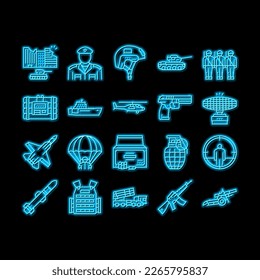 Army Soldier And War Technics neon light sign vector. Army Military Tank Machine And Air Plane, Artillery Weapon And Grenade, Ammunition And Parachute Accessories Illustrations
