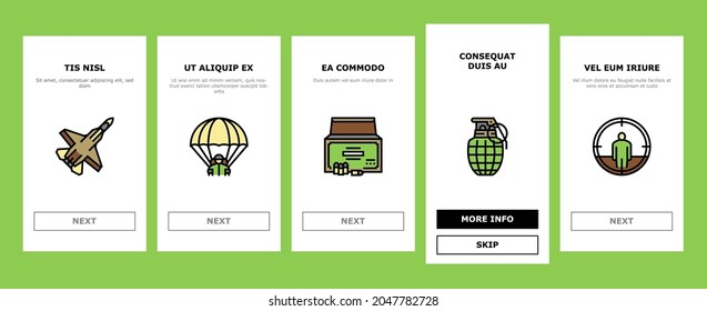 Army Soldier und Kriegstechnik Onboarding Mobile App Page Screen Vector. Militärische Tankmaschine und Luftwaffe, Artilleriegeschütze und Granatschnecken, Munition und Zubehör für Fallschirme