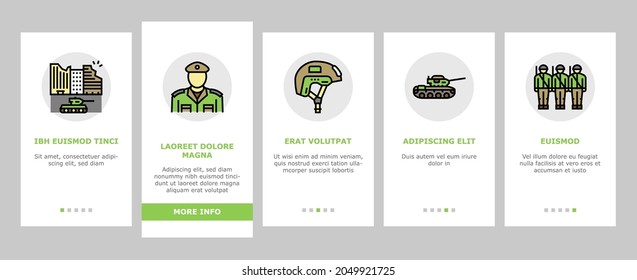 Army Soldier und Kriegstechnik Onboarding Mobile App Page Screen Vector. Militärische Tankmaschine und Luftwaffe, Artilleriegeschütze und Granatschnecken, Munition und Zubehör für Fallschirme