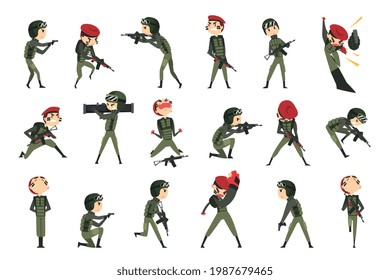 Army Soldiers in Action Set, Army Man Character in Green Uniform and Cap in Various Poses and Face Expressions Cartoon Vector Illustration