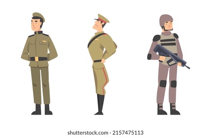 Army soldiers in camouflage combat uniform set cartoon vector illustration