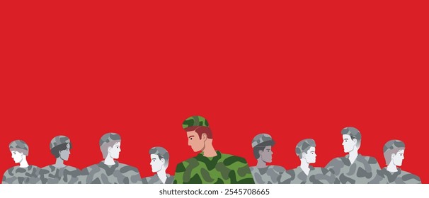 Army soldiers as a concept of survival after military action, flat vector stock illustration or copy space template