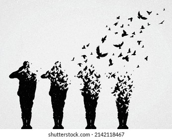 Army of soldiers. Death on battlefield. Afterlife. Flying birds flock