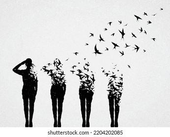 Army of soldiers. Death on battlefield. Afterlife. Flying birds flock