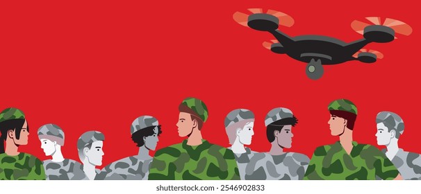 Soldados del ejército y dron como arma como concepto de supervivencia después de la acción militar, ilustración de stock de Vector plano o Plantilla espacial de copia