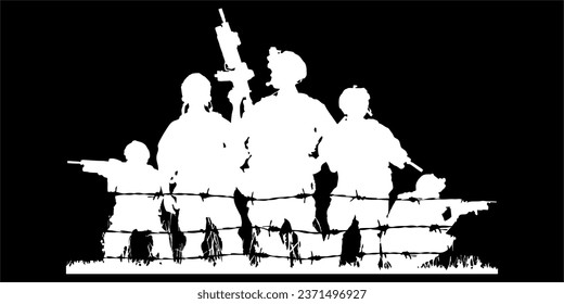 Soldados del Ejército Posicionan Una Sólida Arte Vector De Silhouette.