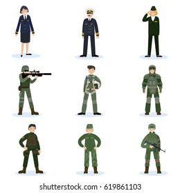 Army soldiers set with military command and men in different camouflage uniform isolated vector illustration