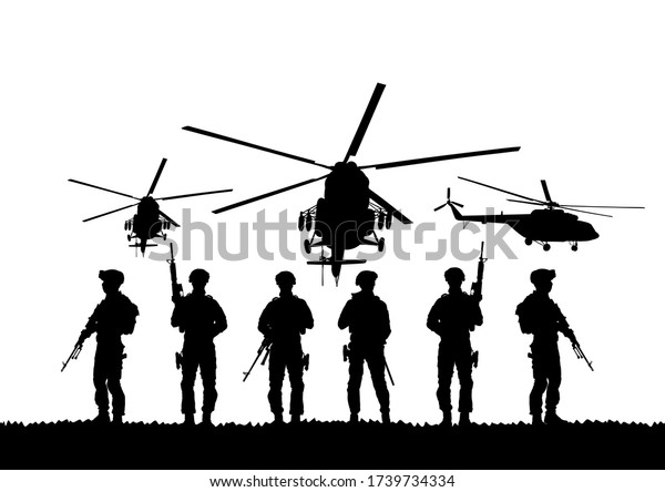 Army soldiers with sniper rifle on duty vector\
silhouette (Memorial Veterans day, 4th of July Independence day)\
Soldier keeps watch on guard. Rangers on border. Commandos team\
unit. Special force crew
