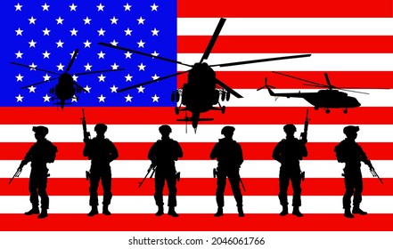 Army Soldiers Unit With Rifles On Duty Over United States Of America Flag Vector Illustration. USA Protect Force With Helicopter Unit Watch Guard. Patriot Unit Save Border Of Country Against Terrorism