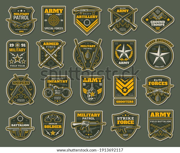 Army special forces, military specialists badges\
set. Artillery, snipers and infantry patrol emblems with service\
rifle, machine gun and rocket launcher, grenade, handgun and\
motorcycle vector
