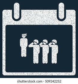 Army Squad Calendar Day grainy textured icon for overlay watermark stamps. Flat symbol with unclean texture. Dotted vector white ink rubber seal stamp with grunge design on a dark blue background.