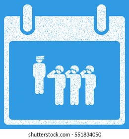 Army Squad Calendar Day grainy textured icon for overlay watermark stamps. Flat symbol with scratched texture. Dotted vector white ink rubber seal stamp with grunge design on a blue background.