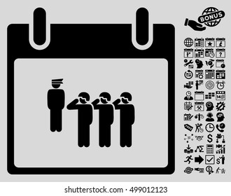 Army Squad Calendar Day icon with bonus calendar and time management clip art. Vector illustration style is flat iconic symbols, black, light gray background.