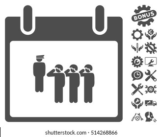 Army Squad Calendar Day icon with bonus options design elements. Vector illustration style is flat iconic symbols, gray, white background.