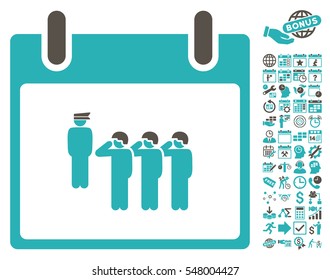 Army Squad Calendar Day icon with bonus calendar and time management pictograms. Vector illustration style is flat iconic symbols, grey and cyan, white background.