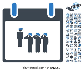 Army Squad Calendar Day icon with bonus calendar and time management design elements. Vector illustration style is flat iconic symbols, smooth blue, white background.