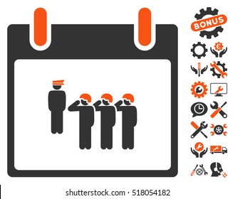 Army Squad Calendar Day pictograph with bonus setup tools design elements. Vector illustration style is flat iconic symbols, orange and gray, white background.