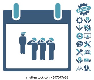 Army Squad Calendar Day pictograph with bonus configuration images. Vector illustration style is flat iconic symbols, cyan and blue, white background.