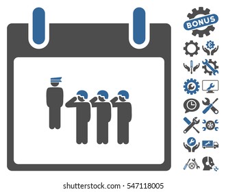 Army Squad Calendar Day pictograph with bonus setup tools design elements. Vector illustration style is flat iconic symbols, cobalt and gray, white background.