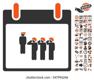 Army Squad Calendar Day pictograph with bonus calendar and time management symbols. Vector illustration style is flat iconic symbols, orange and gray, white background.