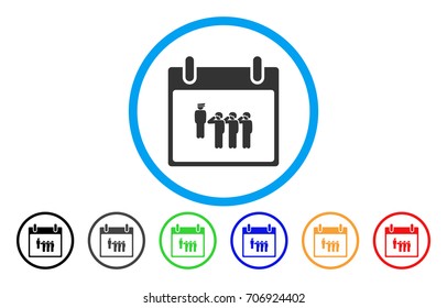 Army Squad Calendar Day vector rounded icon. Image style is a flat gray icon symbol inside a blue circle. Bonus color versions are gray, black, blue, green, red, orange.