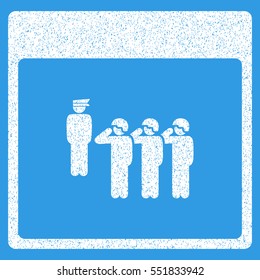 Army Squad Calendar Page grainy textured icon for overlay watermark stamps. Flat symbol with dirty texture. Dotted vector white ink rubber seal stamp with grunge design on a blue background.
