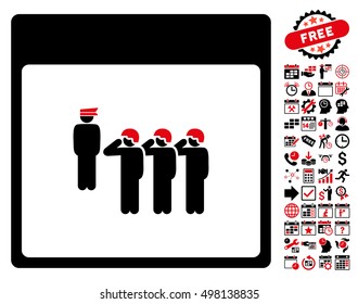 Army Squad Calendar Page icon with bonus calendar and time management pictures. Vector illustration style is flat iconic symbols, intensive red and black, white background.