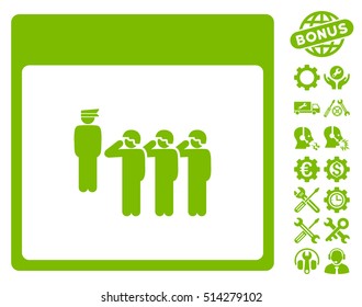 Army Squad Calendar Page icon with bonus setup tools symbols. Vector illustration style is flat iconic symbols, eco green, white background.