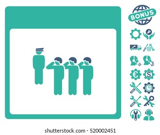 Army Squad Calendar Page icon with bonus service pictograph collection. Vector illustration style is flat iconic symbols, cobalt and cyan, white background.
